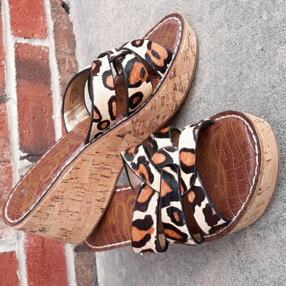 Sam Edelman 7.5 Raynere Real Fur Animal Print Cork Wedge Sandal Shoes - Picture 1 of 17